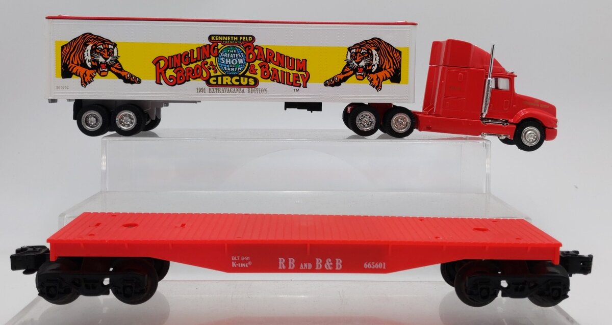 K-Line K-665601 O Ringling Bros.Tractor Trailer w/Flatcar EX/Box