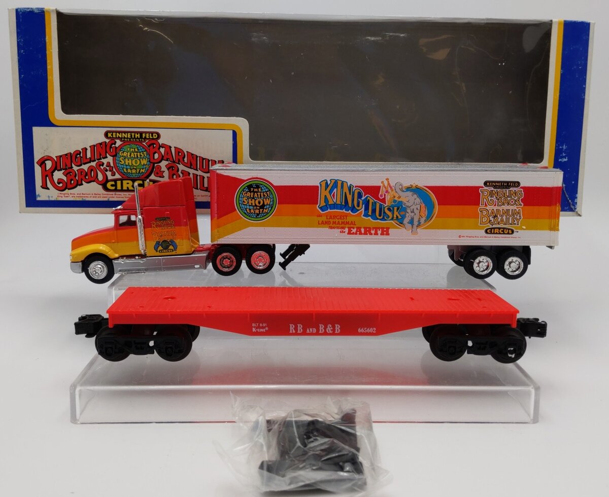 K-Line K-665602 O Gauge Ringling Bros. Flatcar w/ King Tusk Trailer EX/Box