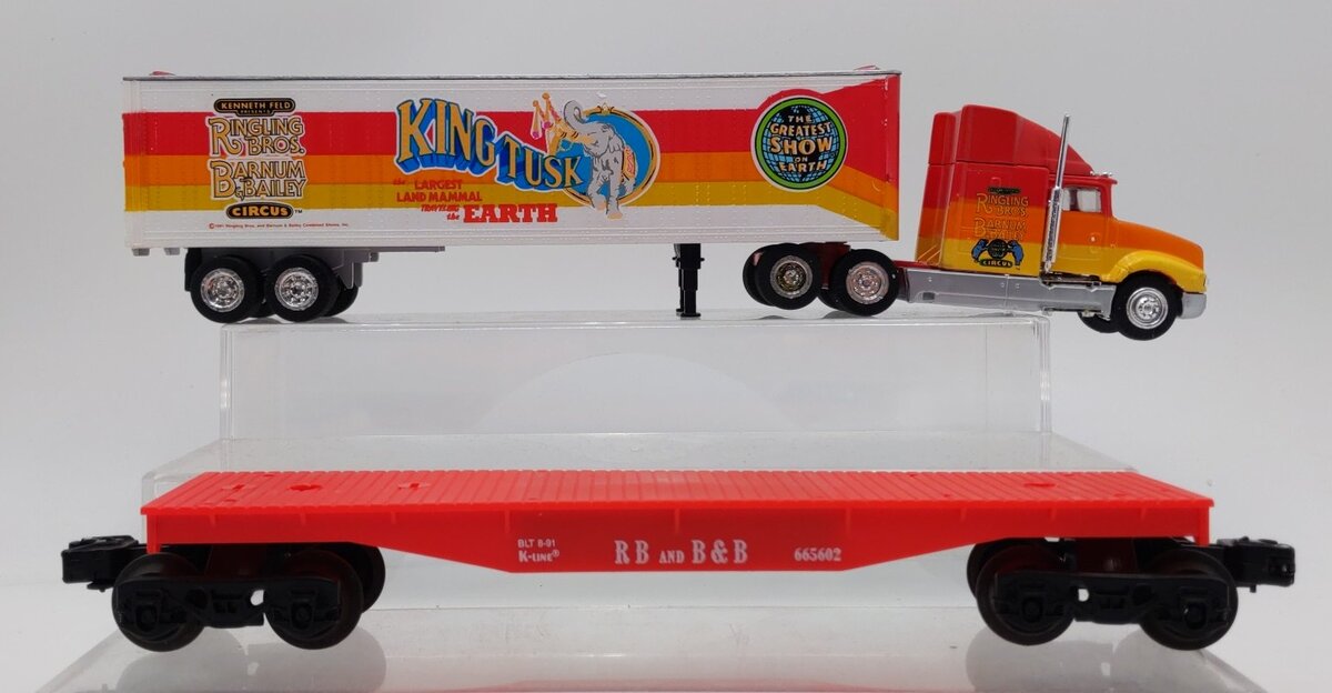 K-Line K-665602 O Gauge Ringling Bros. Flatcar w/ King Tusk Trailer EX/Box