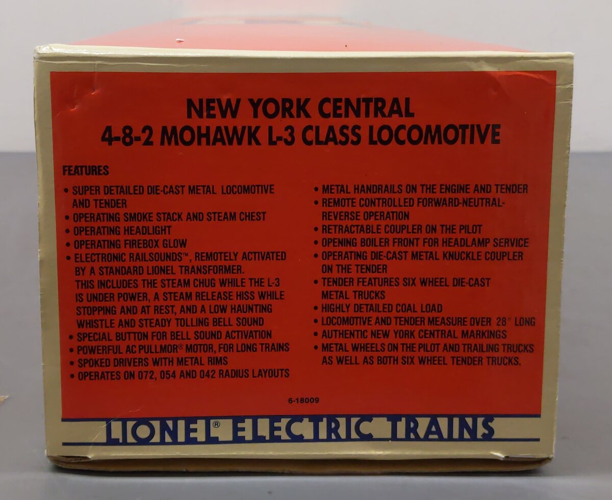 Lionel 6-18009 O Gauge NYC Mohawk 4-8-2 L-3 Steam Locomotive & Tender #3000 LN/Box