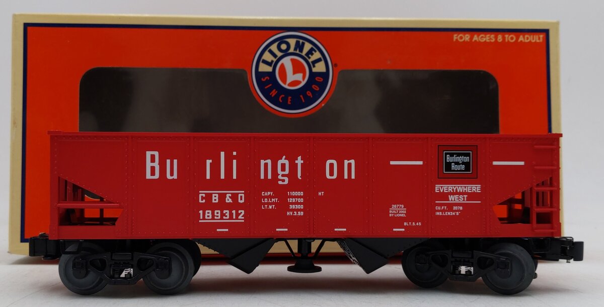 Lionel 6-26779 O Gauge Burlington Operating Hopper #189312 w/ Coal Load LN/Box