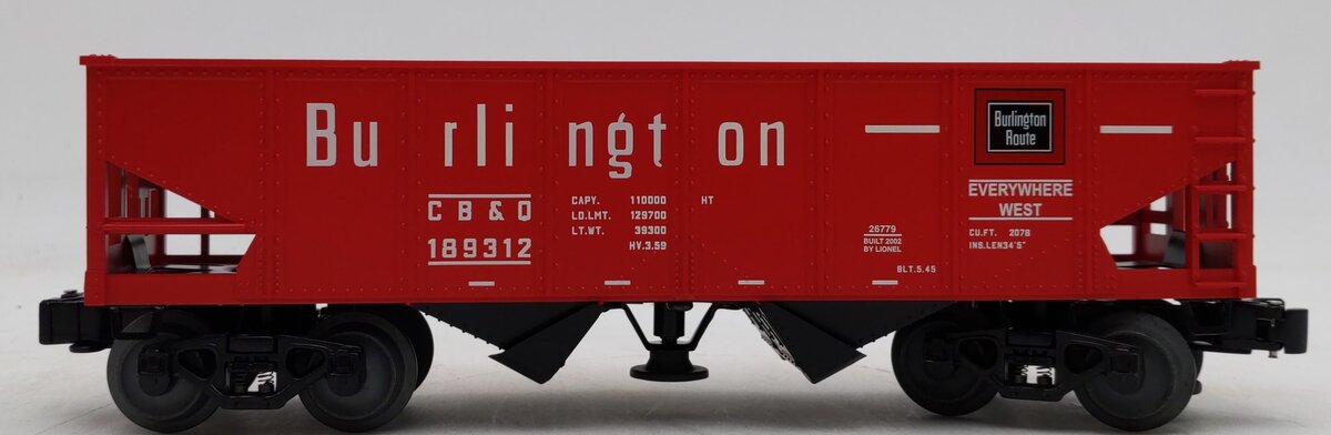 Lionel 6-26779 O Gauge Burlington Operating Hopper #189312 w/ Coal Load LN/Box