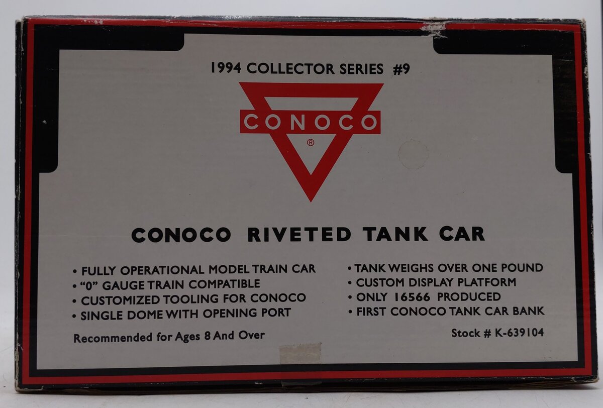 K-Line K-639104 O Gauge Conoco Riveted Tank Car/Bank EX/Box
