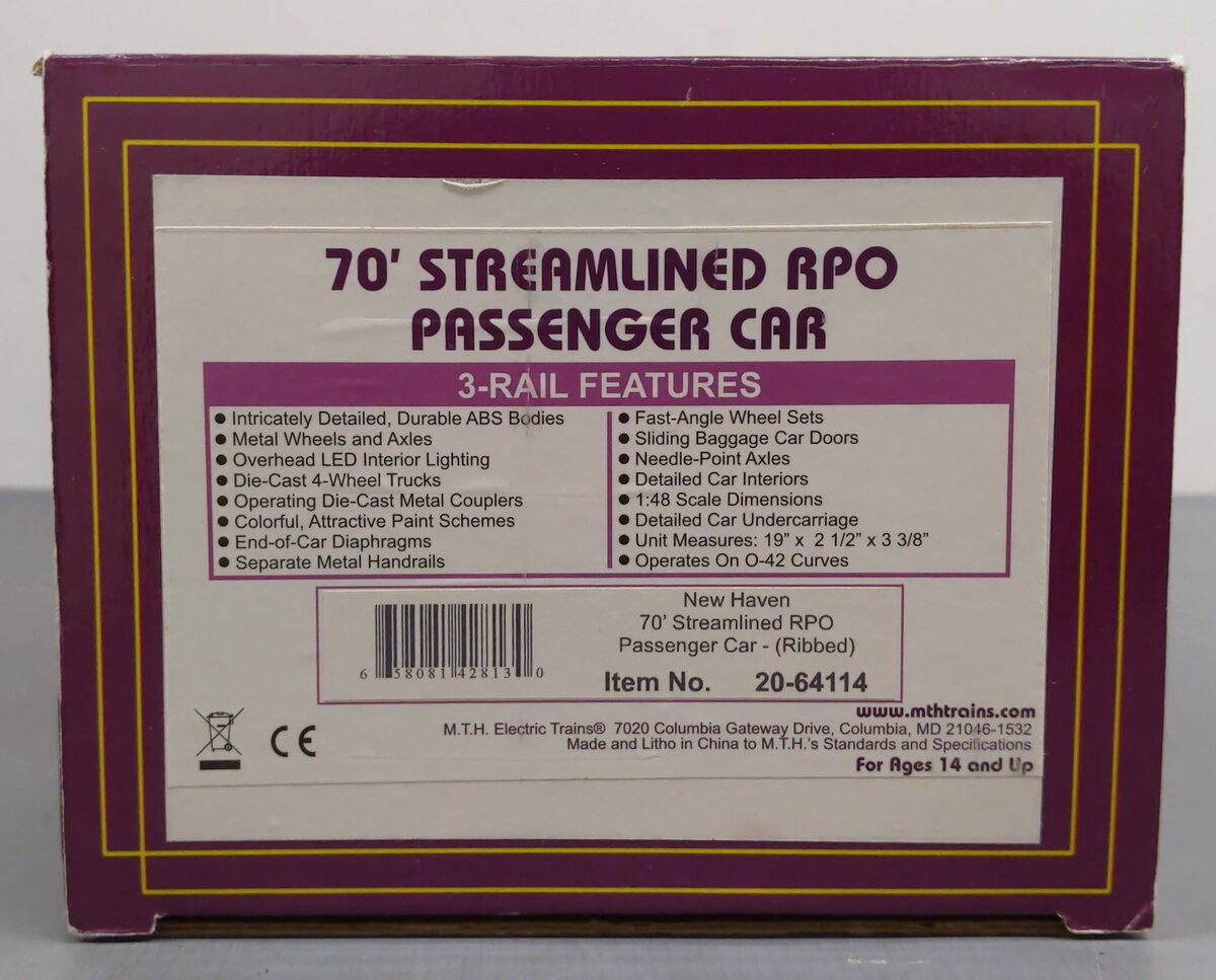MTH 20-64114 O Gauge New Haven 70' Streamlined RPO Passenger Car #3307 LN/Box