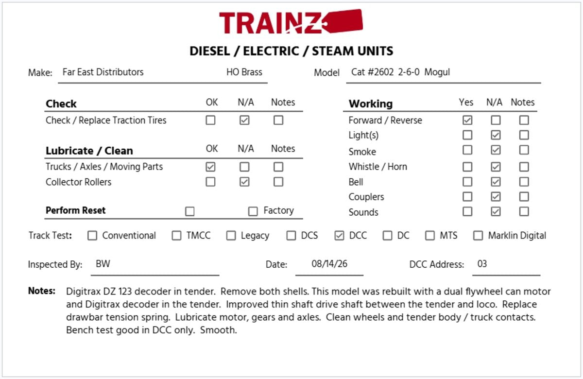 Far East Distributors 2602 HOn3 Scale 2-6-0 Steam Loco With Tender EX/Box
