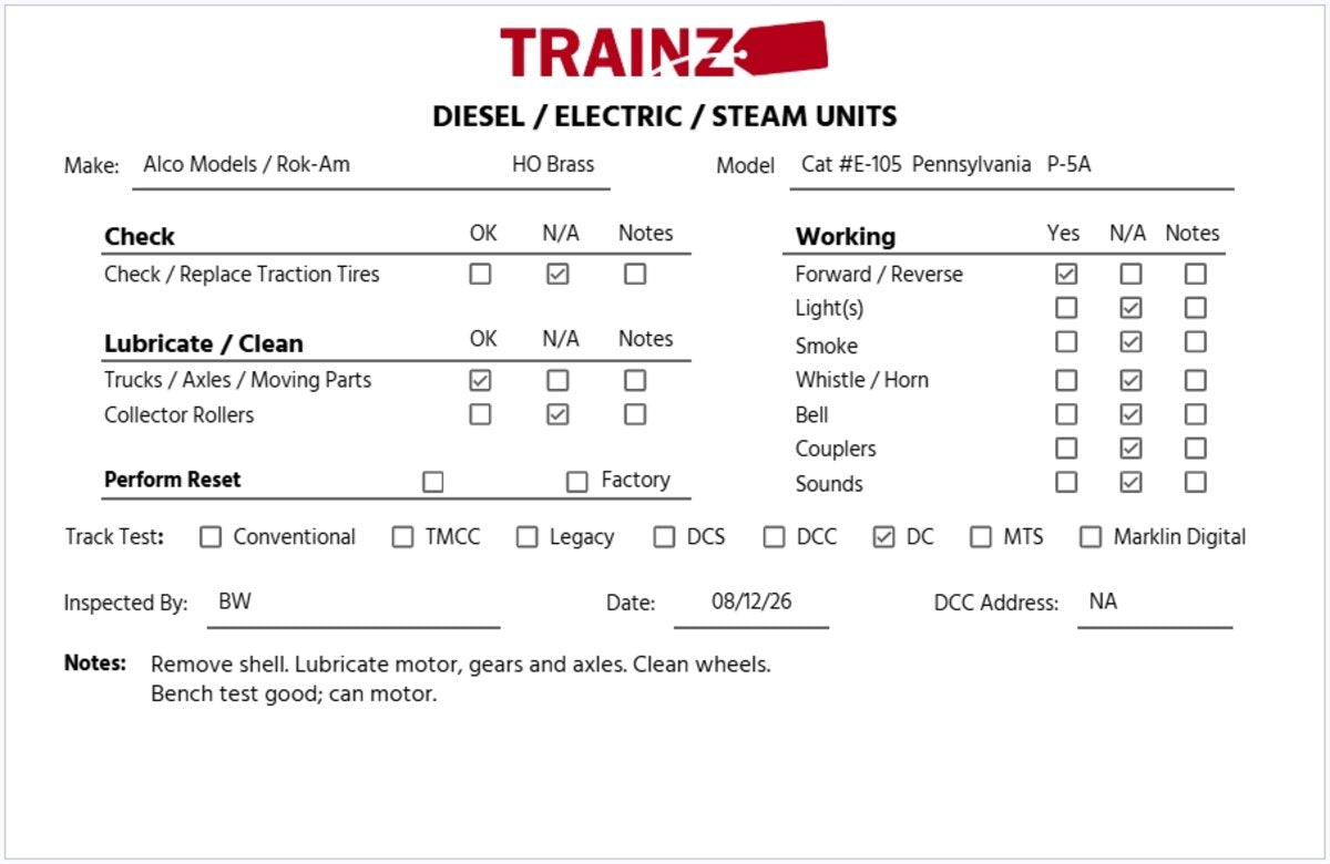 Alco E-105M Pennsylvania P-5A Modified Brass Electric Locomotive EX/Box