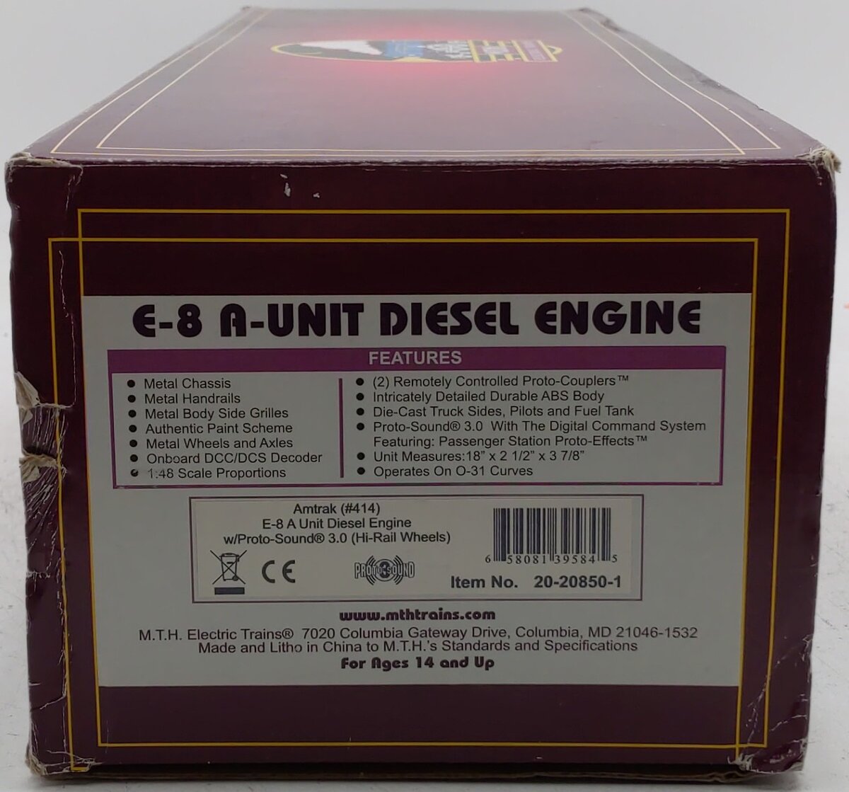MTH 20-20850-1 Amtrak E-8 A Unit Diesel Engine w/ ProtoSound 3.0 #414 EX/Box