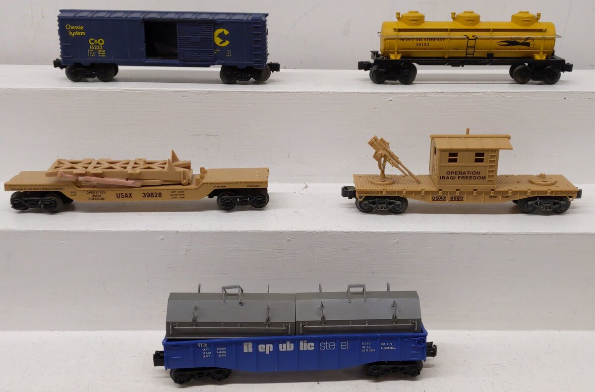 Lionel & K-Line Assorted Fright Cars; 9136, 16232, 39828, 36153, 8080, [5] VG