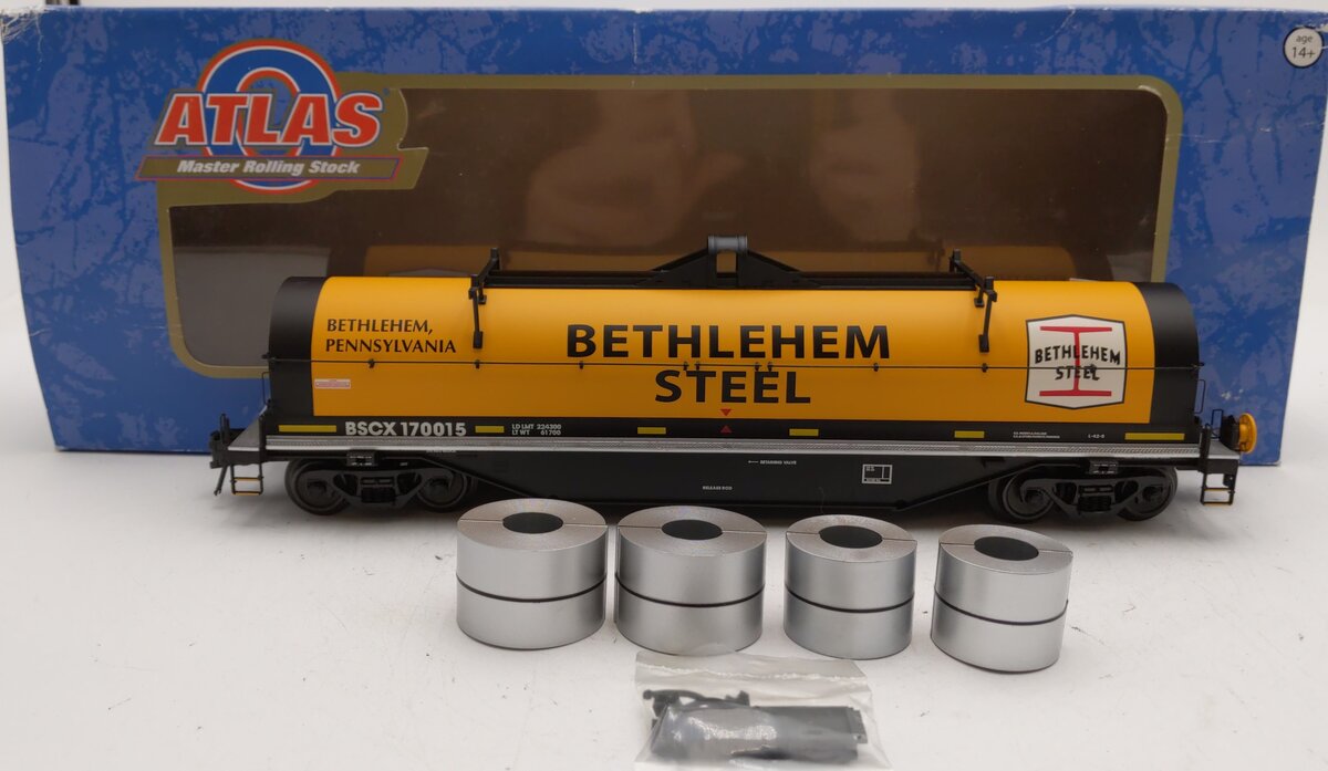 Atlas 3001716-4 O Bethlehem Steel. 0 42' Coil Steel Car #170015 (3 Rail) EX/Box