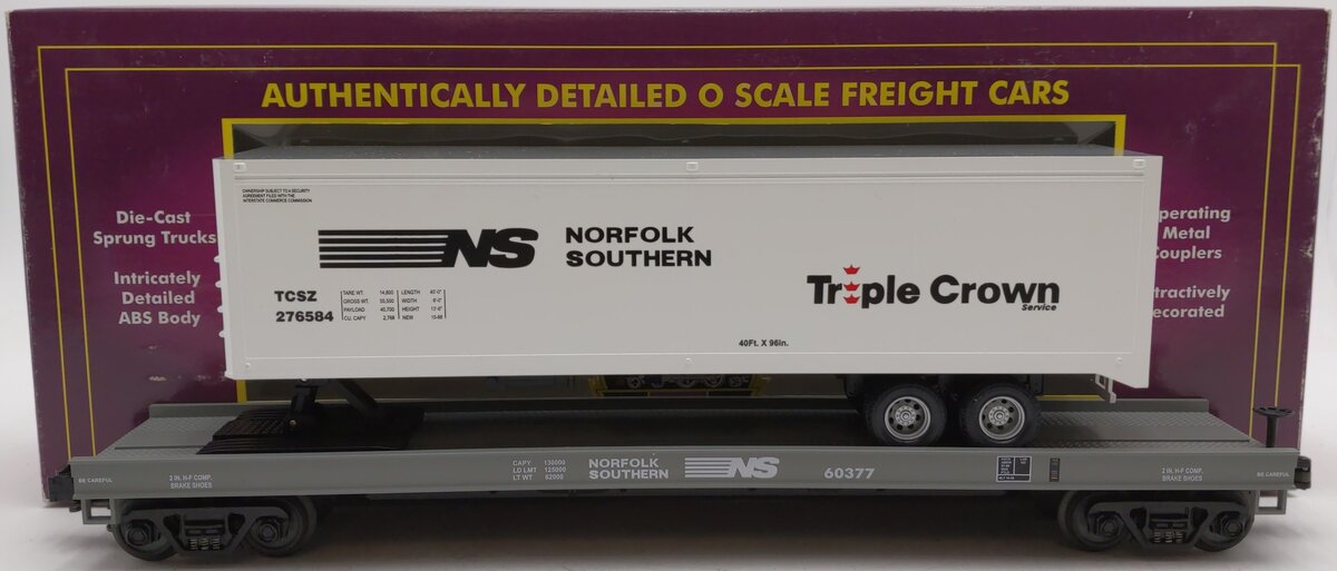 MTH 20-98123 O Gauge Norfolk Southern Flatcar w/40' Trailer #60377 EX/Box