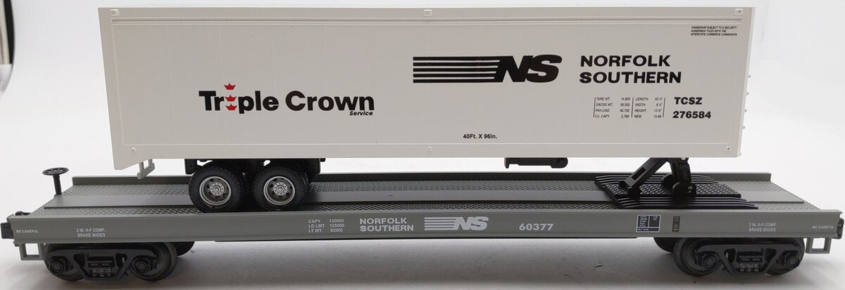 MTH 20-98123 O Gauge Norfolk Southern Flatcar w/40' Trailer #60377 EX/Box