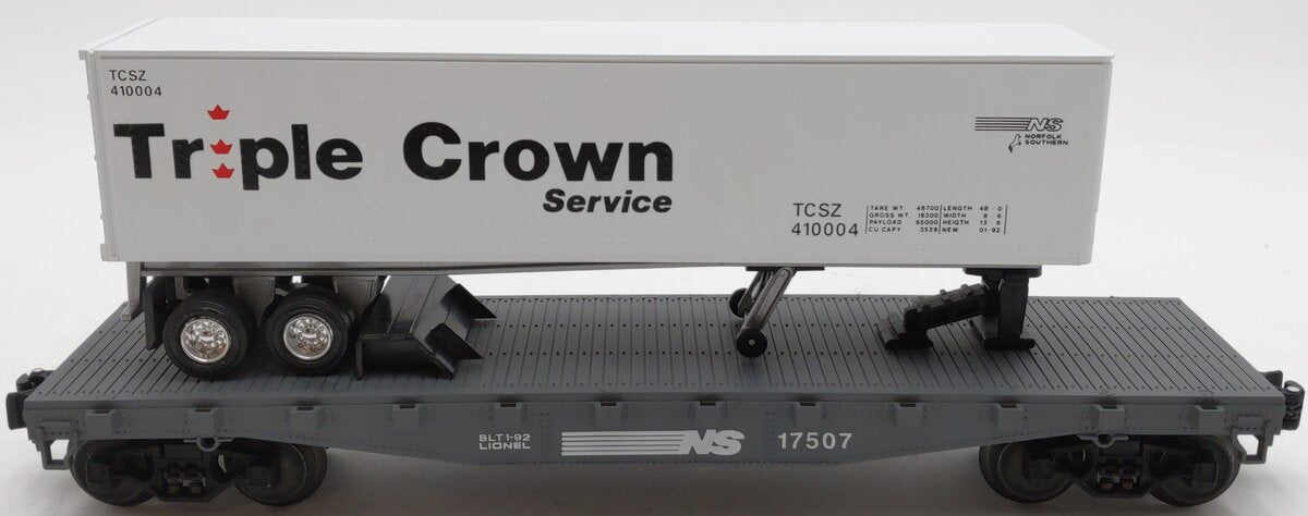 Lionel 6-17507 O Gauge Norfolk Southern Flatcar w/ Triple Crown Trailer #410004 LN/Box