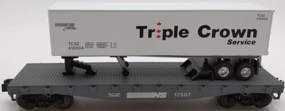 Lionel 6-17507 O Gauge Norfolk Southern Flatcar w/ Triple Crown Trailer #410004 LN/Box