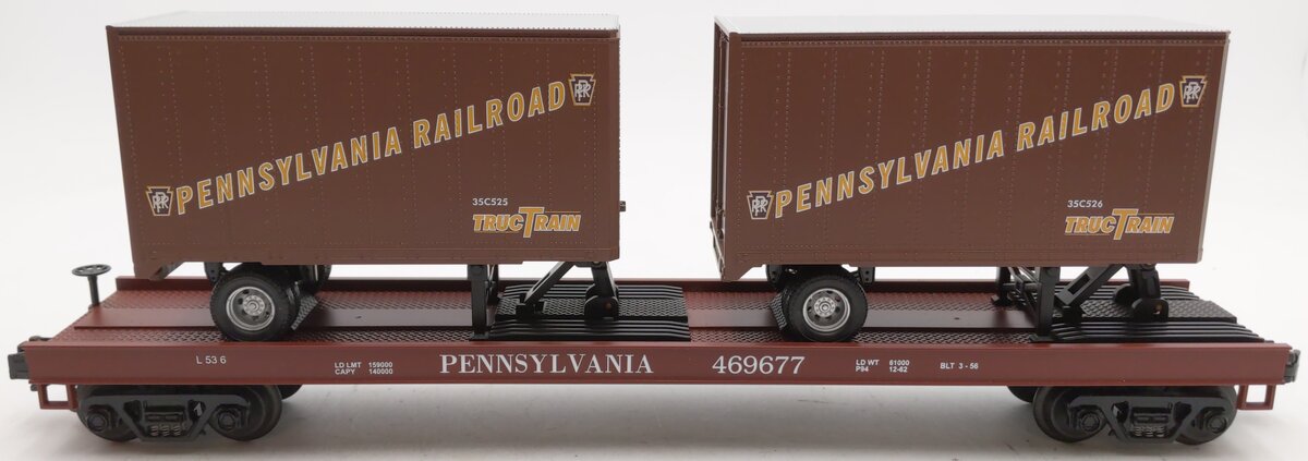 MTH 20-98104 O Gauge Pennsylvania Flatcar w/ Pennsylvania Trailers #469677 LN/Box
