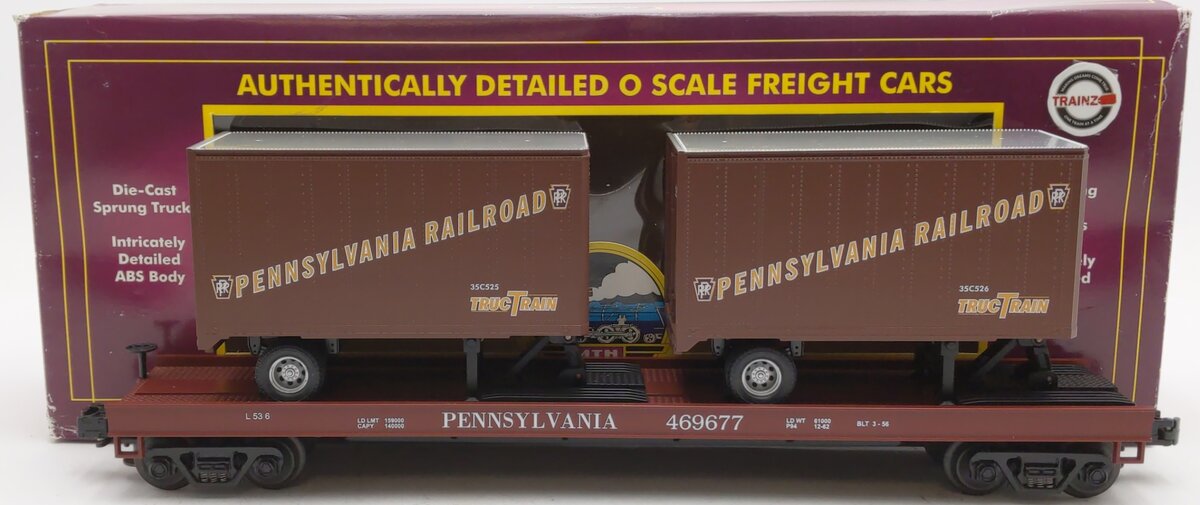 MTH 20-98104 O Gauge Pennsylvania Flatcar w/ Pennsylvania Trailers #469677 LN/Box