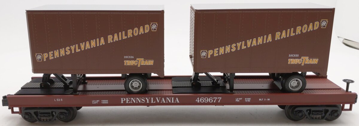 MTH 20-98104 O Gauge Pennsylvania Flatcar w/ Pennsylvania Trailers #469677 LN/Box