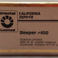Oriental Limited 450 BRASS HO Scale Nickel Plated California Zephyr Sleeper #450 EX/Box