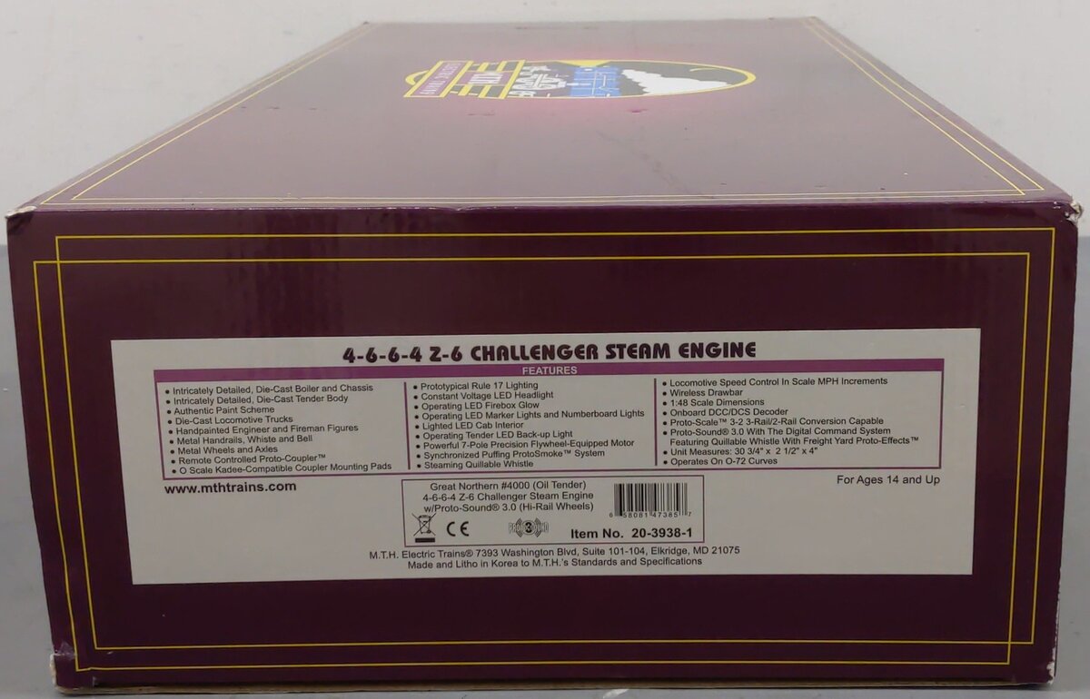 MTH 20-3938-1 O Great Northern 4-6-6-4 Z-6 Challenger Steam Engine #4000 w/ PS3 EX/Box
