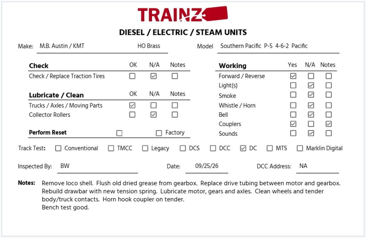 Austin HO Scale Brass SP P-5 Pacific Steam Locomotive & Tender VG/Box