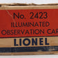 Lionel 2423 Vintage O Lionel Lines Hillside Lighted Observation Car w Gray Roof VG/Box