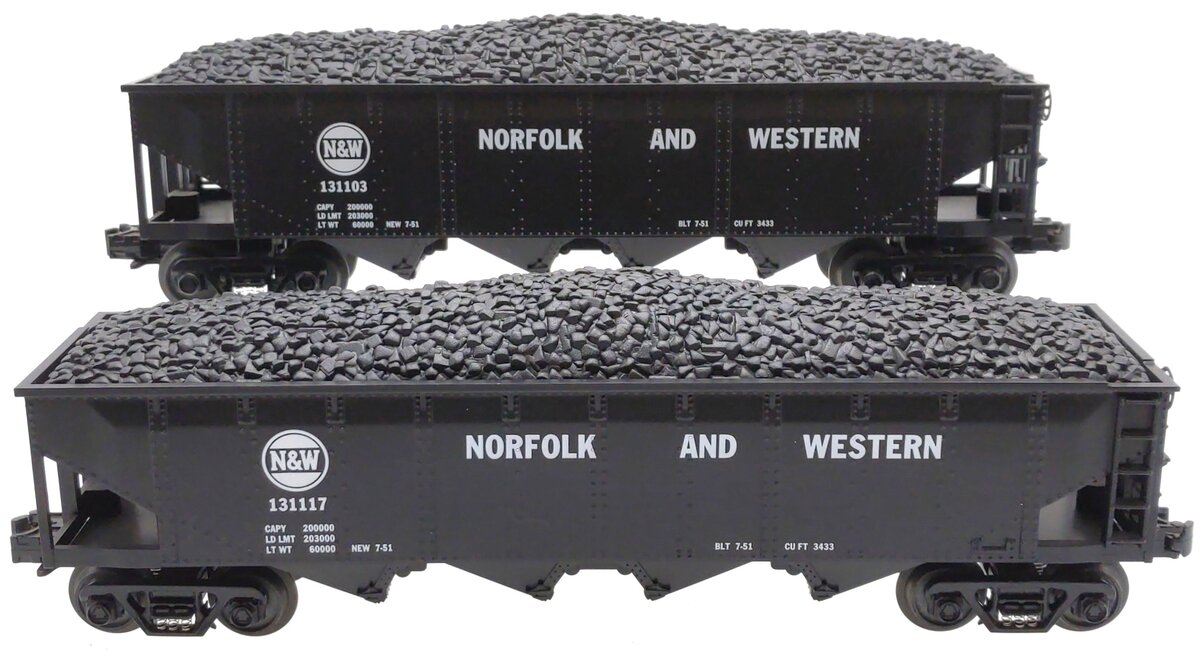 MTH 30-7535 O Gauge Norfolk & Western 4-Bay Hoppers w/Coal Loads 2-Car Set LN