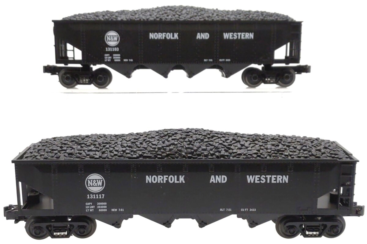 MTH 30-7535 O Gauge Norfolk & Western 4-Bay Hoppers w/Coal Loads 2-Car Set LN