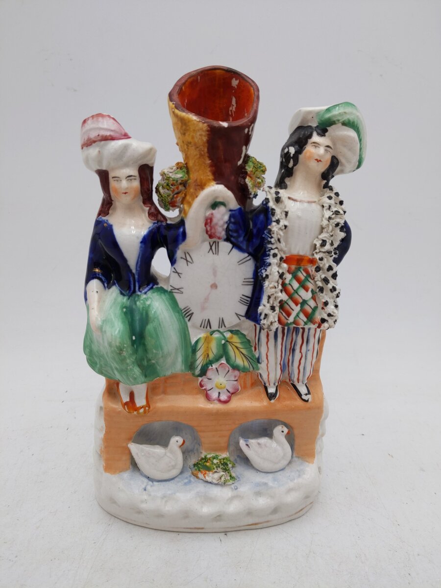 Staffordshire Couple and a Clock Spill Vase VG