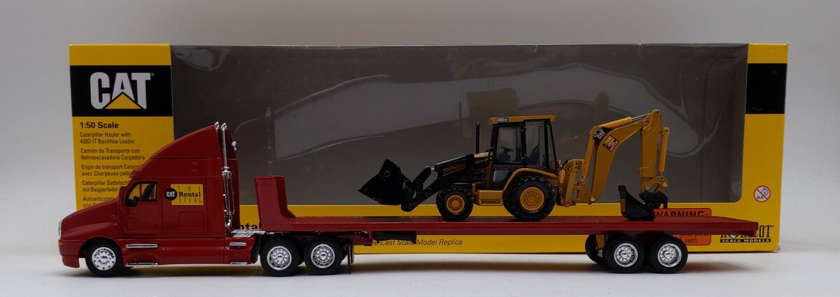 Norscot 55117 1:50 Scale CAT Flatbed Hauler w/ CAT 420D IT Backhoe Loader EX/Box