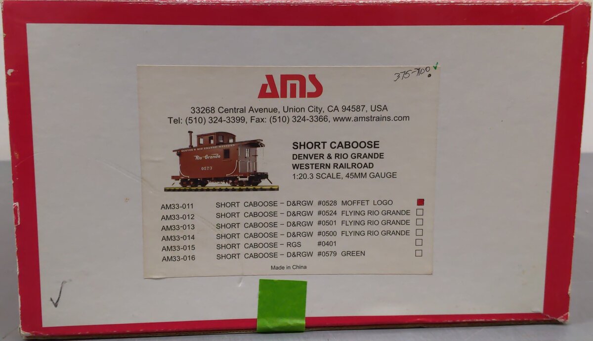 AMS AM33-011 1:20.3 Scale Custom Weathered D&RGW Moffet Logo Short Caboose/Box