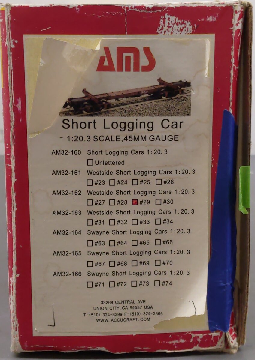 AMS AM32-162 1:20.3 Scale Westside Short Logging Car #29 VG/Box