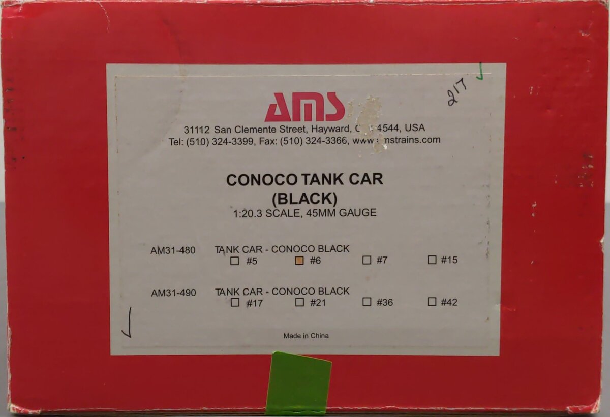 AMS AM31-480 G Scale Tank Car Conoco - Black #6 - Metal Wheels - Custom/Box