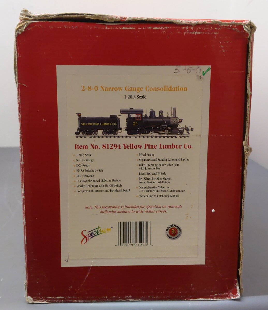 Bachmann 81294 G Scale 2-8-0 Steam Locomotive #21 & WP&YR Tender #7 VG/Box