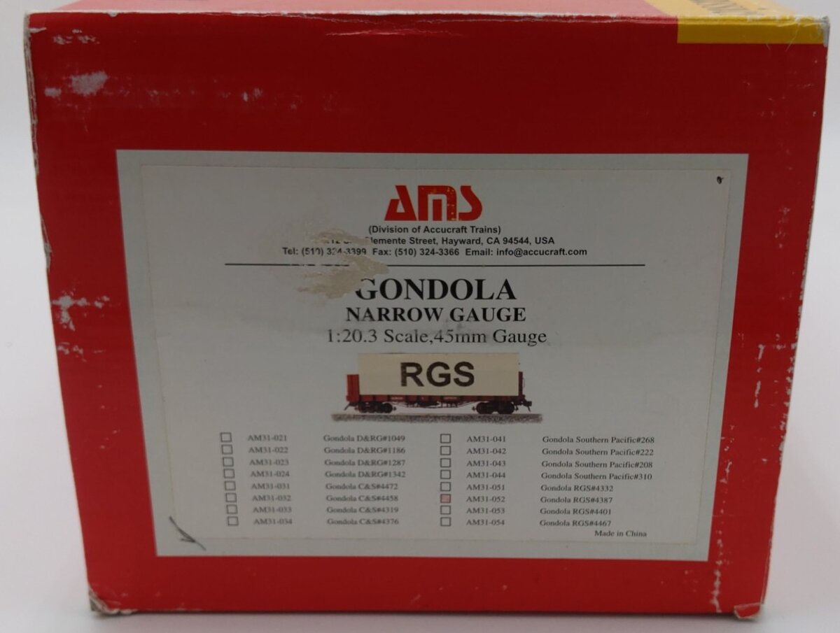 Accucraft AMS AM31-052 Rio Grande Southern Narrow Gauge Gondola #4387 VG/Box