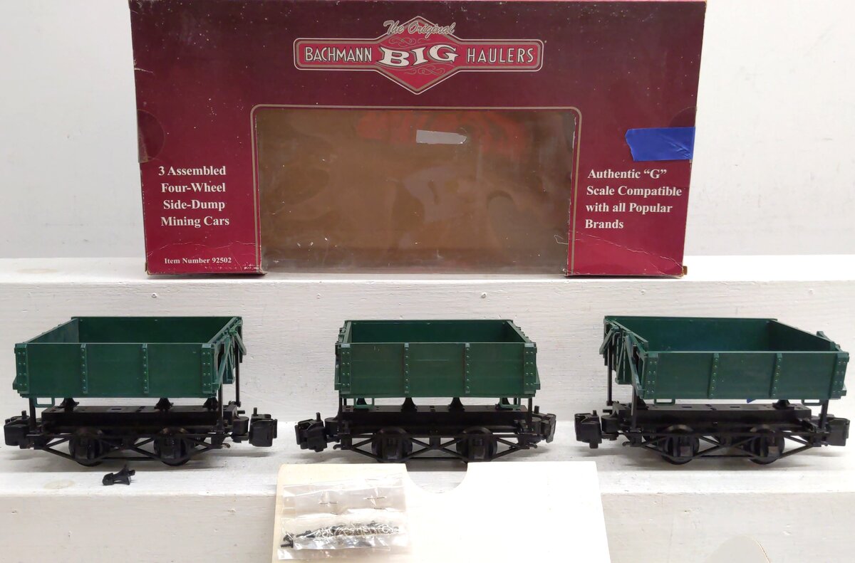 Bachmann 92502 G Assembled 4-Wheel Side-Dump Mining Cars (Set of 3) EX/Box