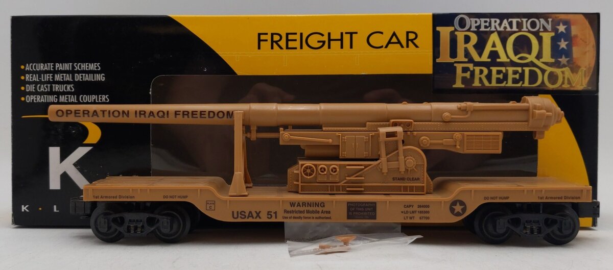 K-Line K662-8020 O Operation Iraqi Freedom US Army Cannon Mounted on Flat Car EX/Box