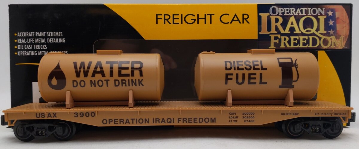 K-Line K691-8028 O Gauge Operation Iraqi Freedom Flatcar with 2 Tanks EX/Box