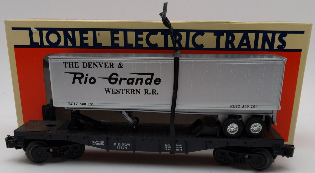 Lionel 6-16374 O Gauge Denver & Rio Grande Western Flatcar with Trailer EX/Box