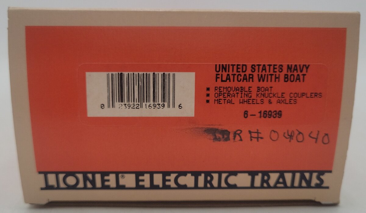 Lionel 6-16939 O Gauge United States Navy Flatcar w/ Boat #04040 EX/Box