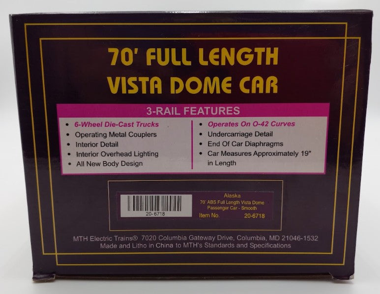 MTH 20-6718 O Gauge Alaska Railroad Full Vista Dome Car #506 NIB