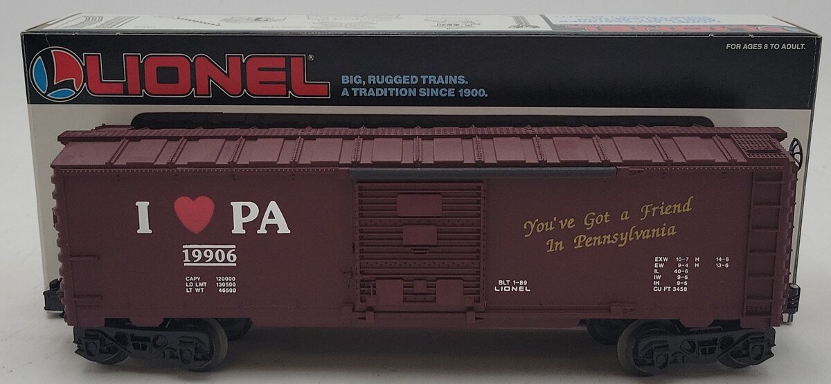 Lionel 6-19906 O Gauge I Love Pennsylvania Boxcar LN/Box