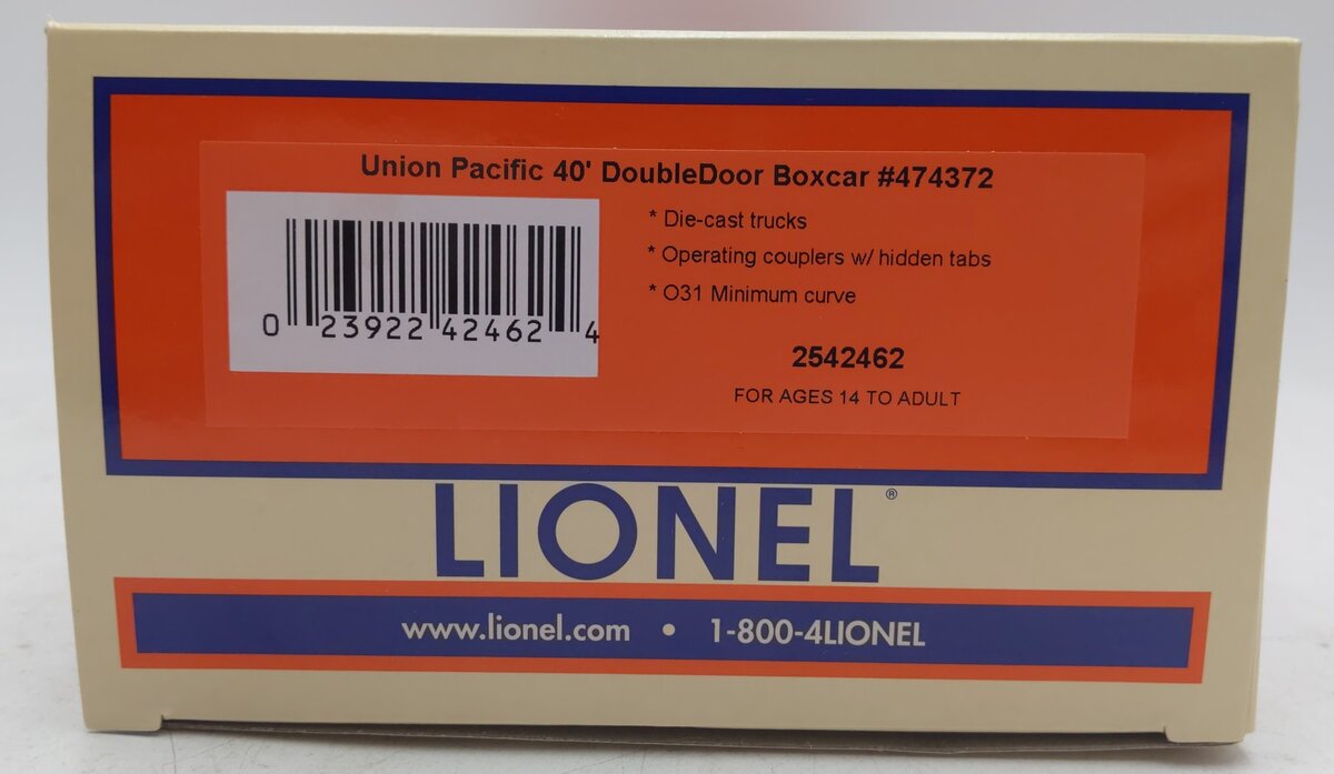 Lionel 2542462 O Union Pacific 40' Double Door Boxcar #474372 EX/Box