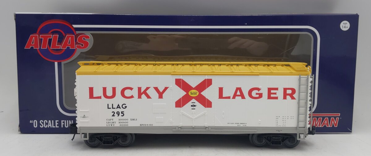 Atlas 2001142-2 O Trainman 40' Plug Door Lucky Lager Road Boxcar #295 (3-Rail) EX/Box