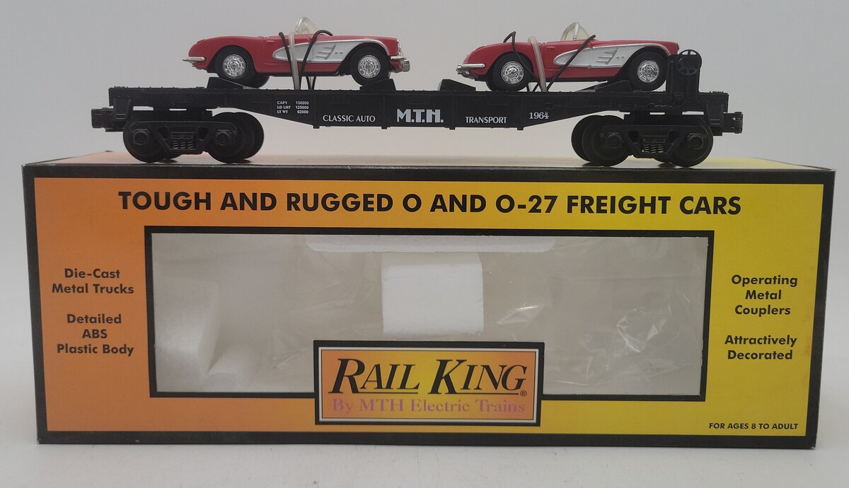 MTH 30-7624 O Gauge Auto Transport Flatcar with 2 Ertl '64 Corvettes #19640 EX/Box