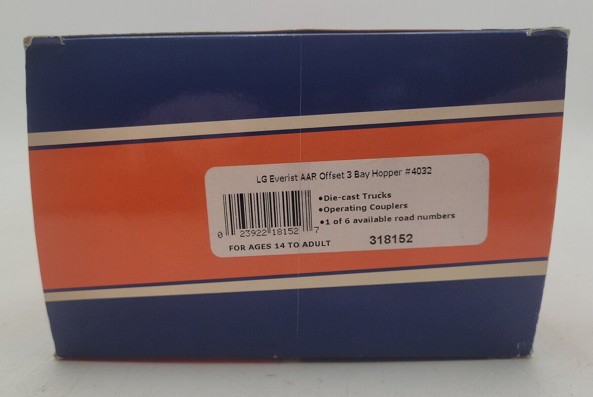 Lionel 3-18152 O Gauge LG Everist AAR Offset 3 Bay Hopper #4032 EX/Box