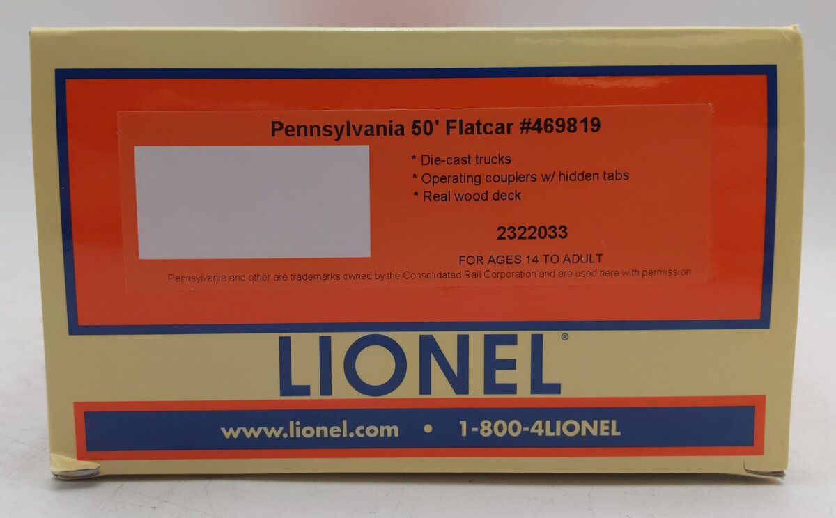 Lionel 2322033 O Gauge Pennsylvania 50' Flatcar #469819 EX/Box