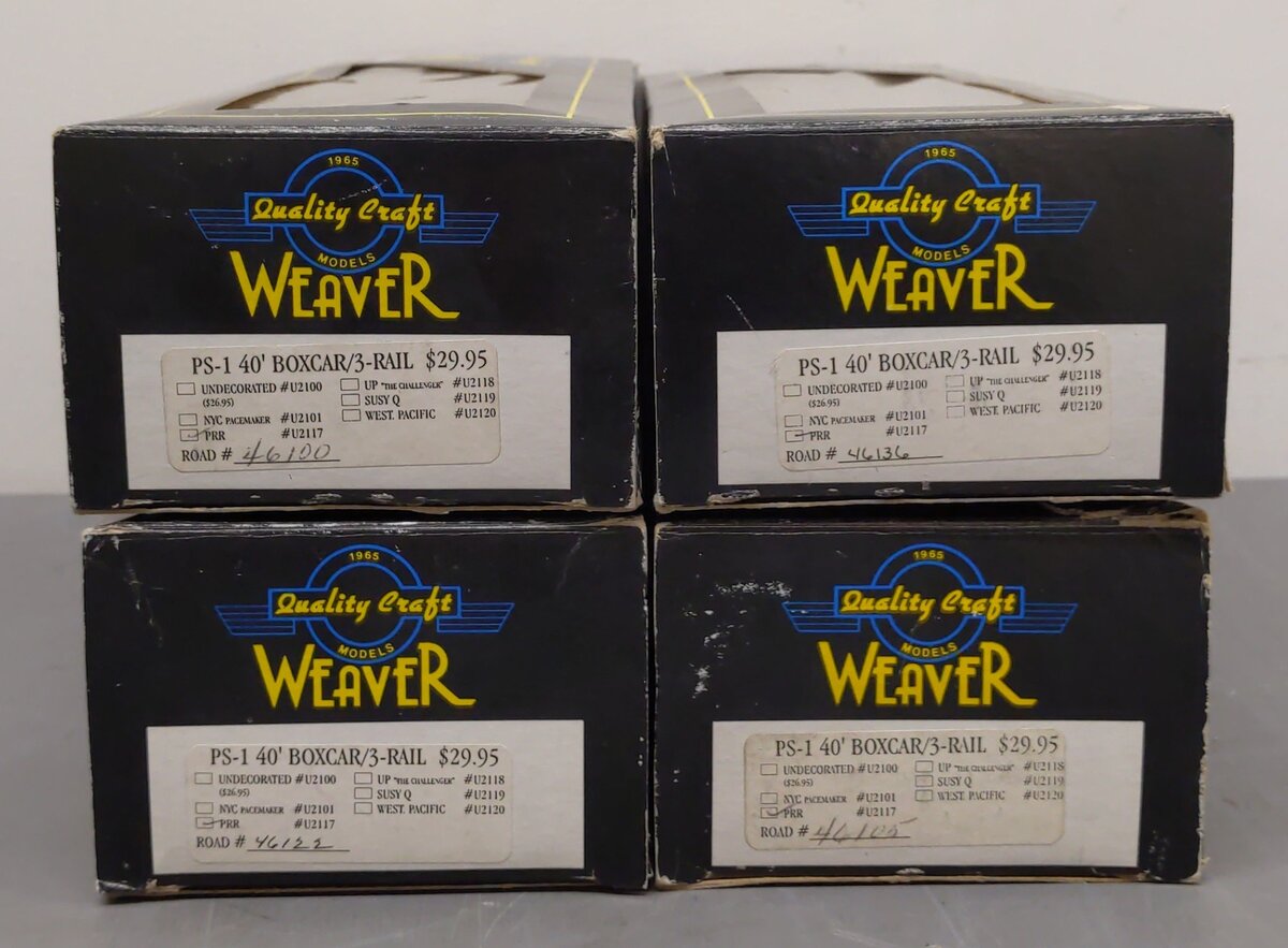 Weaver O Gauge PRR 40' Boxcars (3-Rail): #46100, #46105, #46122, #46136 [4] VG/Box