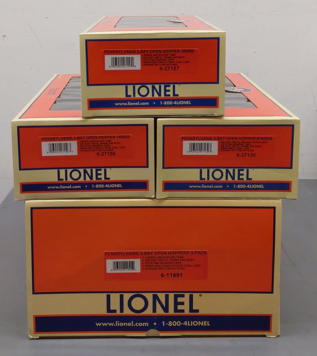 Lionel 6-11891 O Gauge Pennsylvania 3-Bay Open Hopper Car Set EX/Box