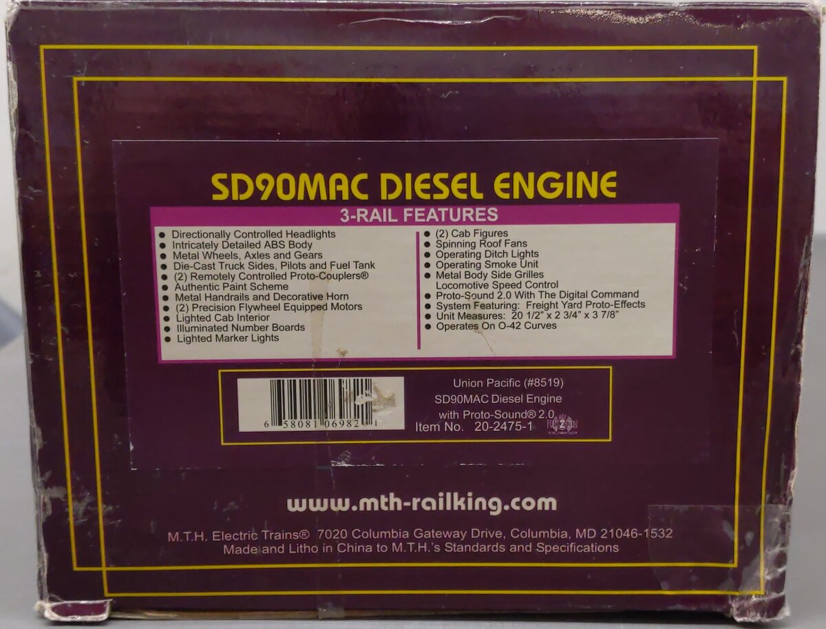 MTH 20-2475-1 O Gauge Union Pacific SD90MAC Diesel Locomotive #8519 w/ PS2 EX/Box