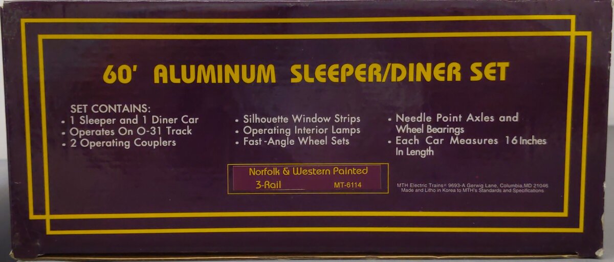MTH 20-6114 O Gauge N&W 60' Aluminum Sleeper/Diner 2-Car Set (3-Rail) EX/Box