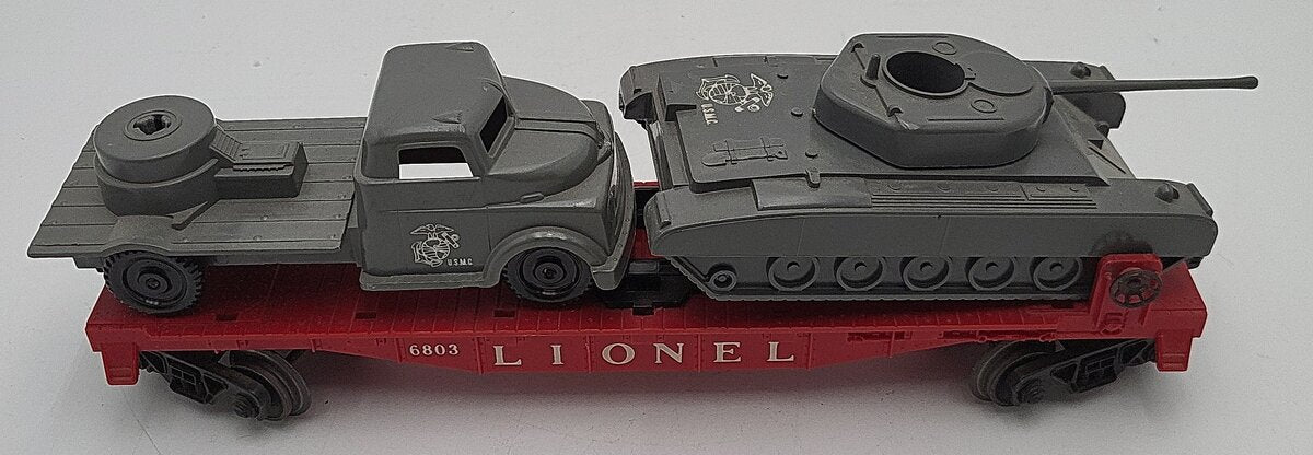 Lionel 6803 Vintage O Flatcar w/ USMC Tank & Sound Truck VG